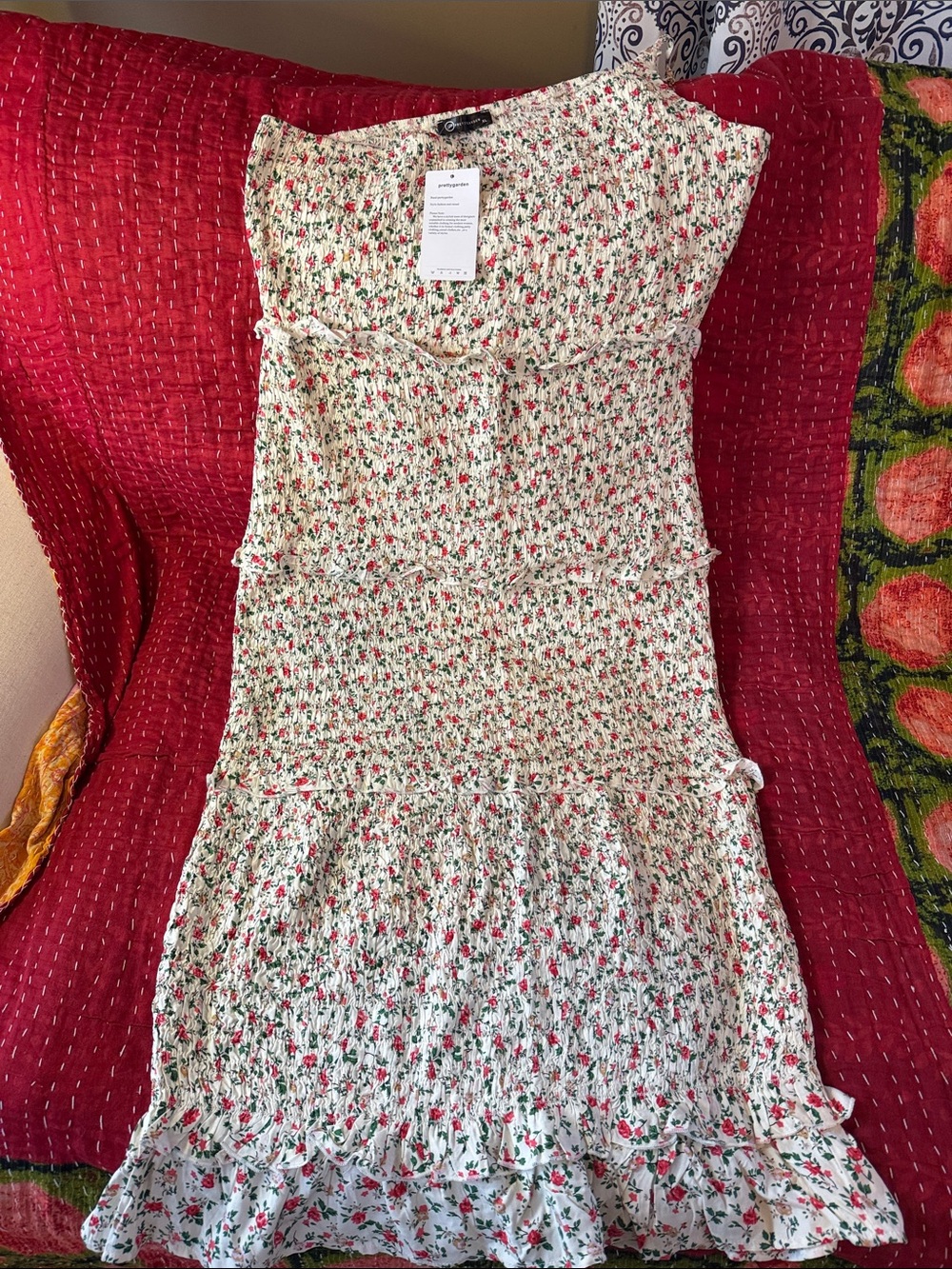 PrettyGarden One-Shoulder Cream Dress with Red Floral Print NWT